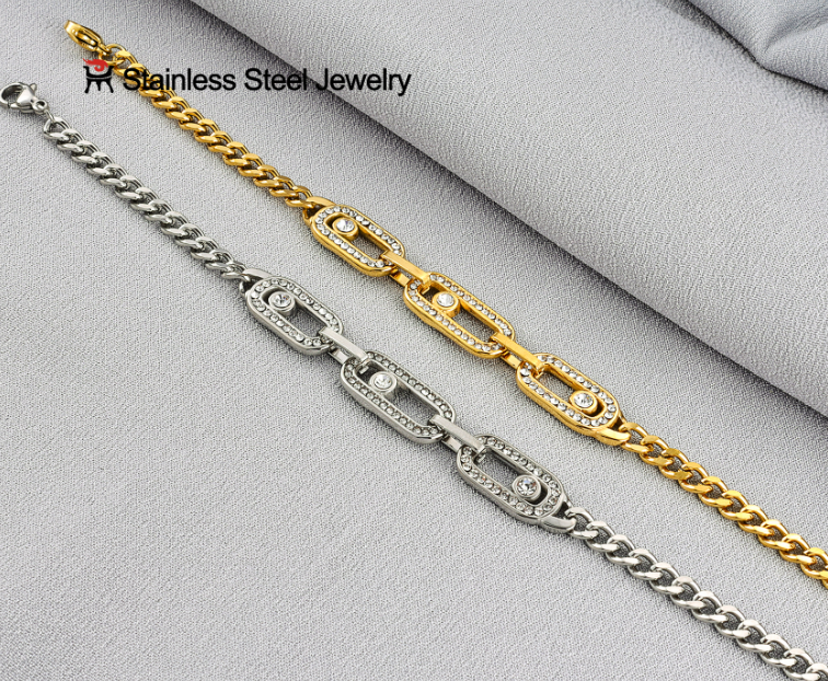 304 Stainless Steel PVD Gold Plated Paperclip Zircon Cuban Chain Bracelet - Image 2