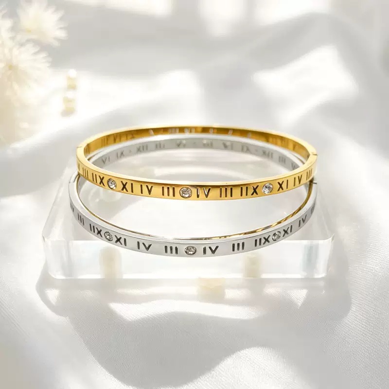 304 Stainless Steel Roman Numeral Zircon Bangle, Lucky Fortune Turning Gold Bracelet - Image 3