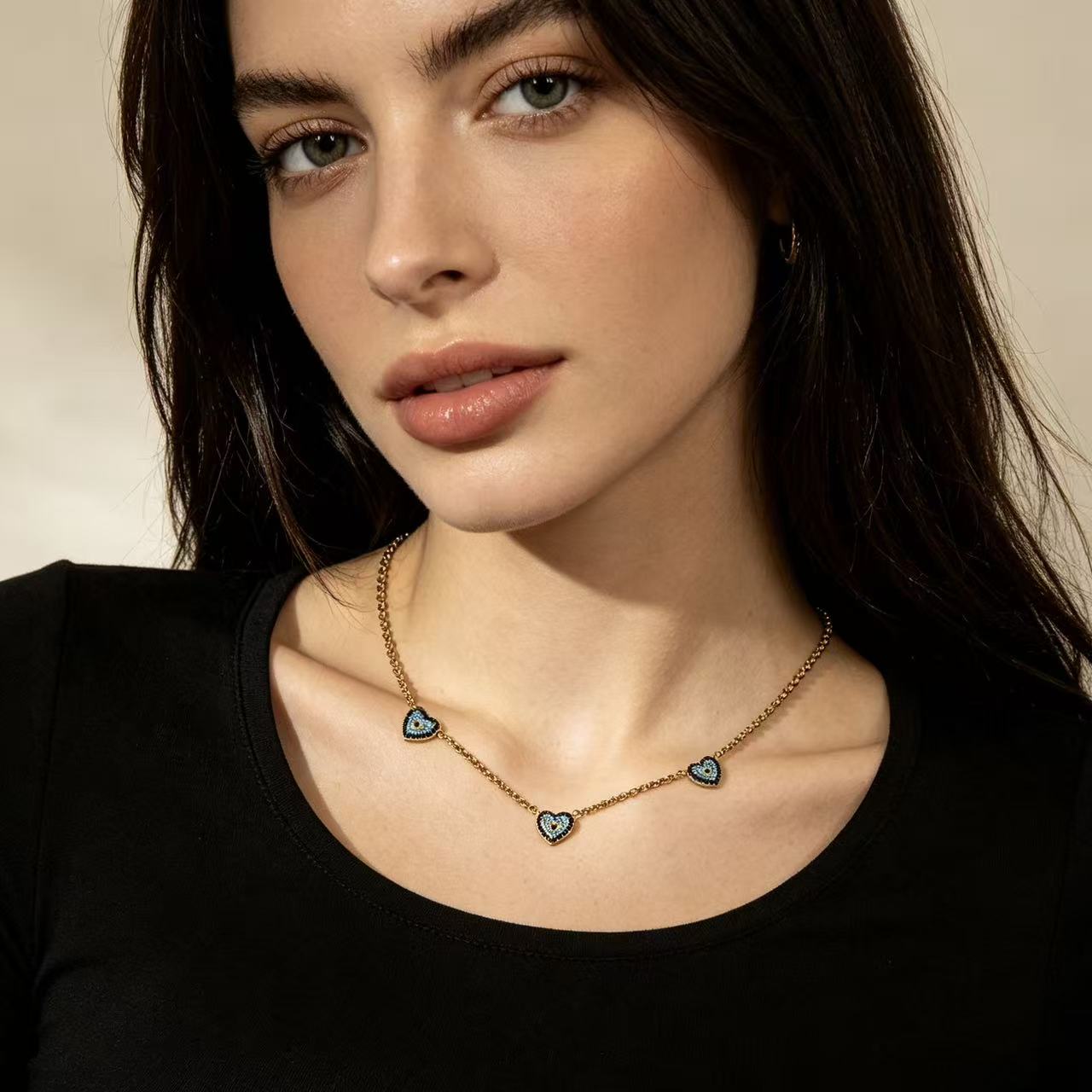 Three Hearts Blue Zircon Necklace,304 Stainless Steel Women Wholesale Jewelry - Image 3