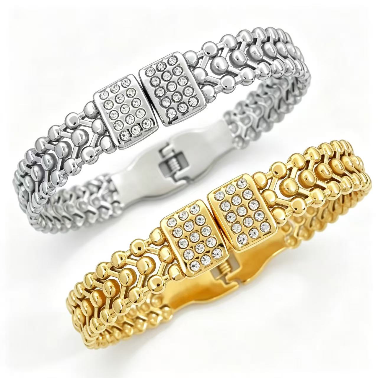 304 Stainless Steel Double Row Crystal Woven Spring Open Bangle, Gold & Steel Tone - Image 4