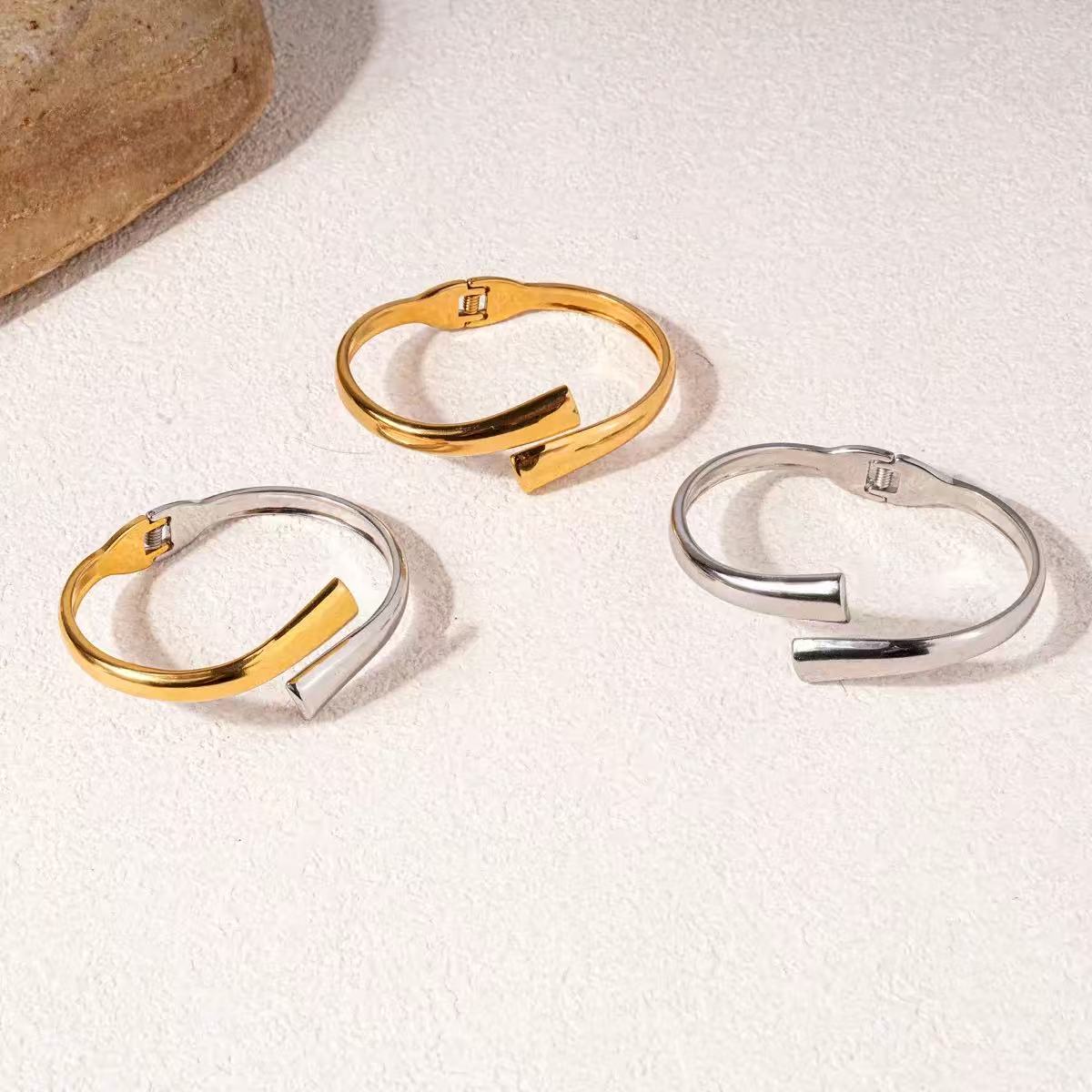 304 Stainless Steel European Style Spring Hinged Open Bangle, Gold Color - Image 3