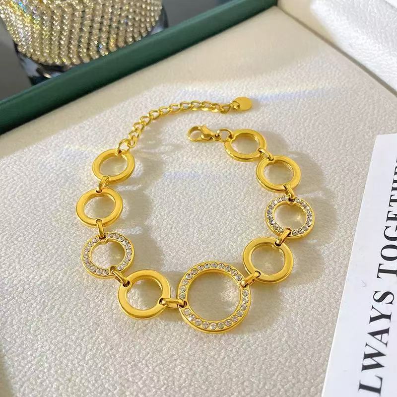 304 Stainless Steel PVD Gold & Silver Hollow Circle Zircon Link Bracelet - Image 3