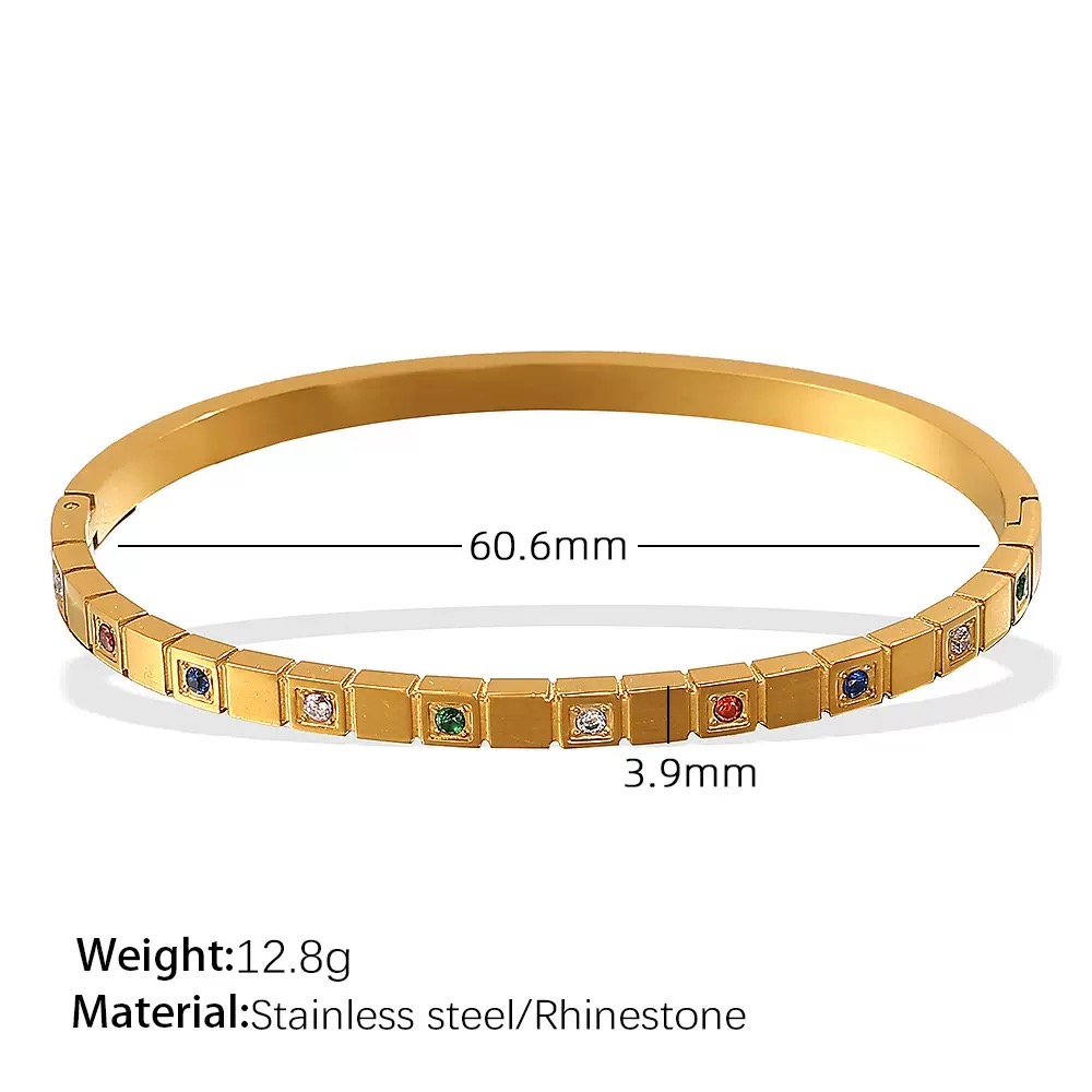 304 Stainless Steel Colorful Zircon Hinged Bangle, Gold Tone - Image 2