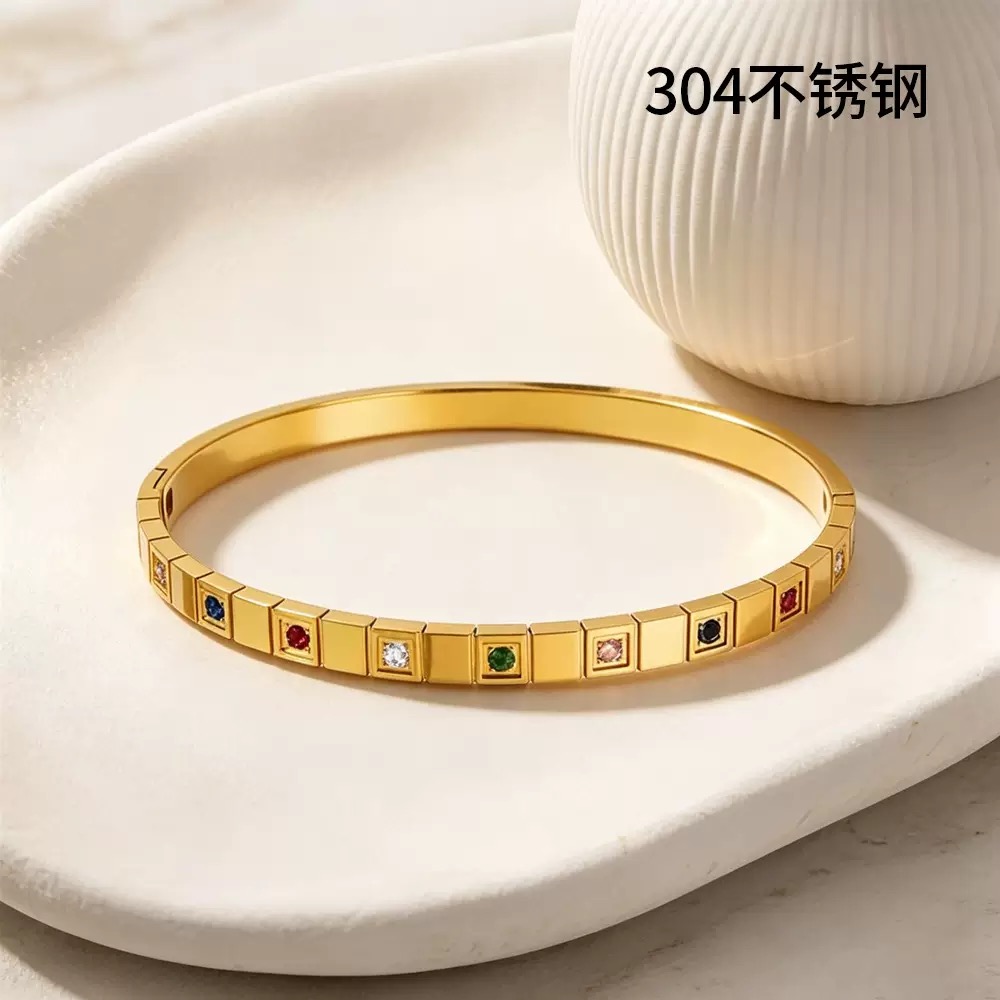 304 Stainless Steel Colorful Zircon Hinged Bangle, Gold Tone - Image 4