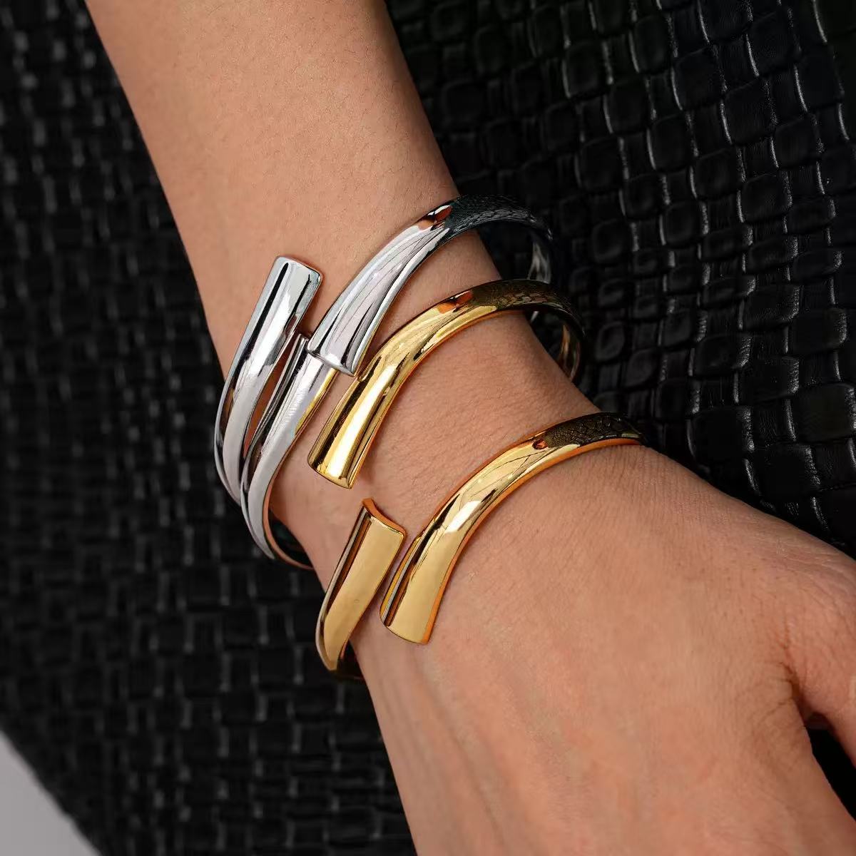 304 Stainless Steel European Style Spring Hinged Open Bangle, Gold Color - Image 2