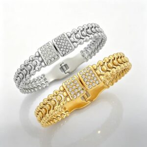 Gold tone 304 stainless steel spring open bangle with double row crystal woven bead chain, wholesale jewelry