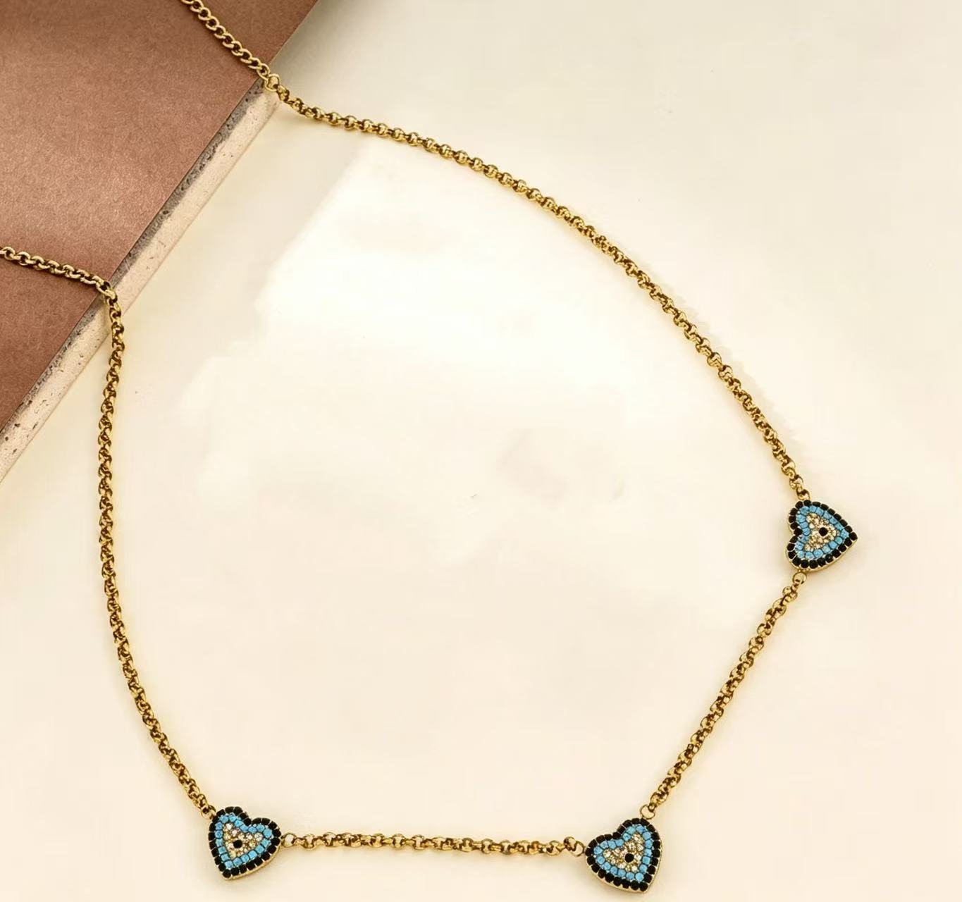 Three Hearts Blue Zircon Necklace,304 Stainless Steel Women Wholesale Jewelry - Image 2