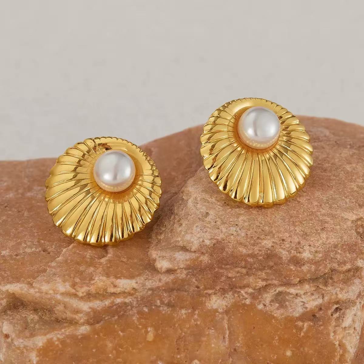 Vintage Sun‑Ray Pearl Huggie Hoop Earrings,304 Stainless Steel Women Wholesale Jewelry - Image 2