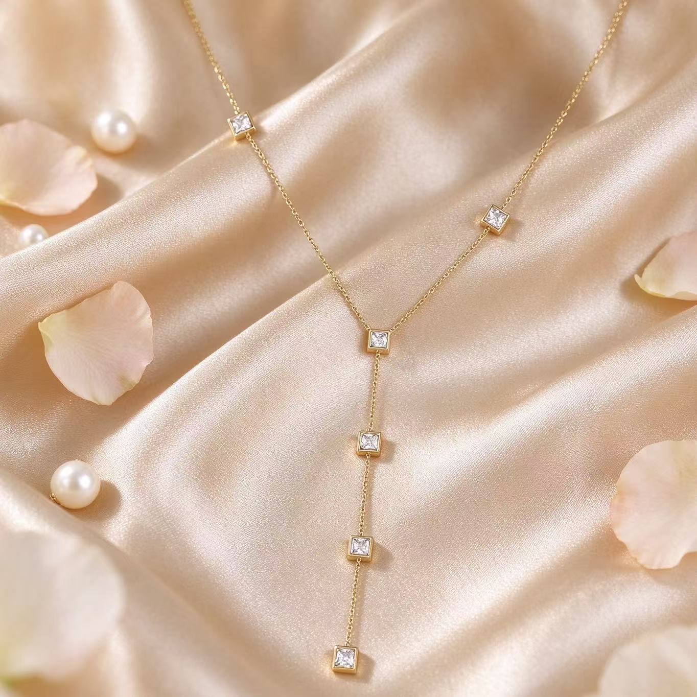 Square Zircon Y‑Shape Lariat Drop Necklace,304 Stainless‑Steel - Image 3
