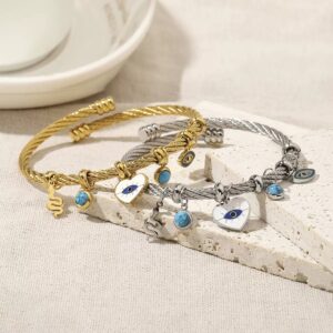 Silver twisted cable 304 stainless steel open bangle with evil eye heart snake turquoise charms, wholesale jewelry