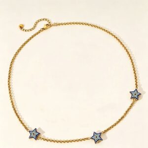 Blue Zircon Star Station Necklace,304 Stainless Steel Women Chain