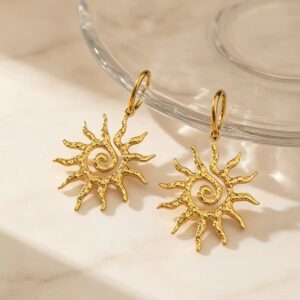Hammered Spiral Sun Huggie Hoop 304 Stainless Steel Wholesale Earrings EH‑6361