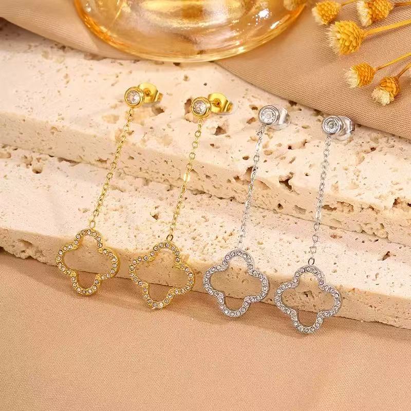 Hollow Rhinestone Clover Long Drop Earrings 304 Stainless Steel

