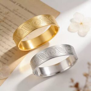 New engraved sunflower 304 stainless steel wide hinged bangle, gold and steel two colors