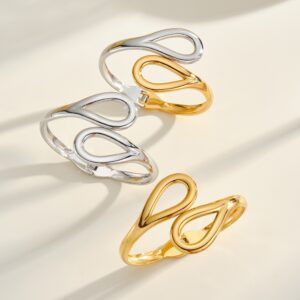 Two‑tone gold and silver 304 stainless steel spring open bangle with intertwined hollow loops, wholesale jewelry