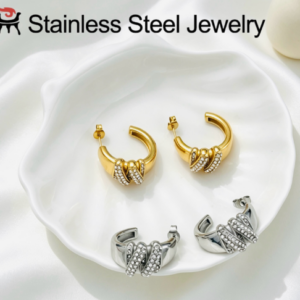 Stainless steel twisted pave zircon hoop earrings wholesale jewelry EH‑7536