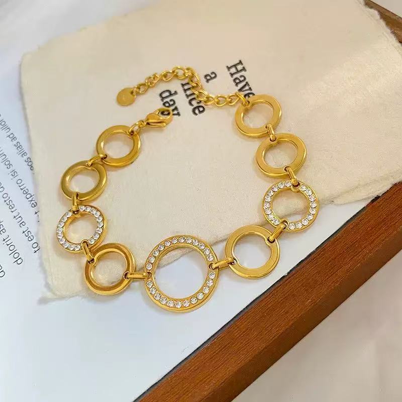 304 Stainless Steel PVD Gold & Silver Hollow Circle Zircon Link Bracelet - Image 2