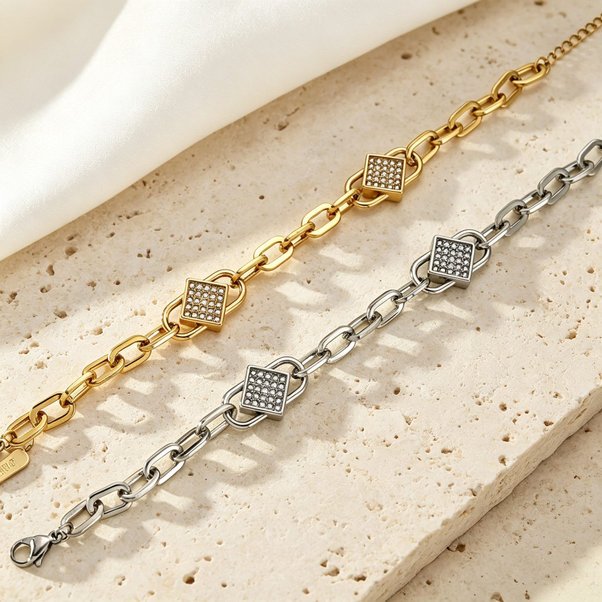 Square Paved Crystal Thick Link Bracelet, Stainless Steel - Image 2