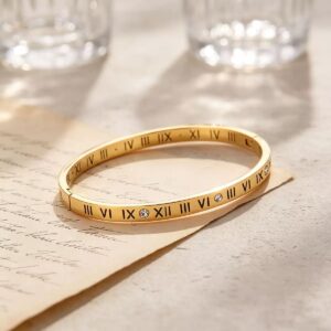 304 Stainless Steel Roman Numeral Zircon Bangle, Lucky Fortune Turning Gold Bracelet