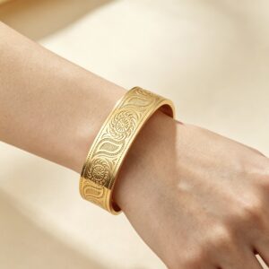 New engraved sunflower 304 stainless steel wide hinged bangle, gold and steel two colors