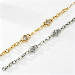 Square Paved Crystal Thick Link Bracelet, Stainless Steel