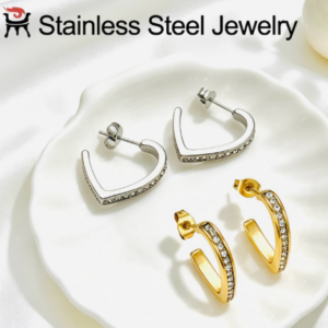Stainless steel V‑shape pave zircon hoop earrings wholesale jewelry EH‑7537