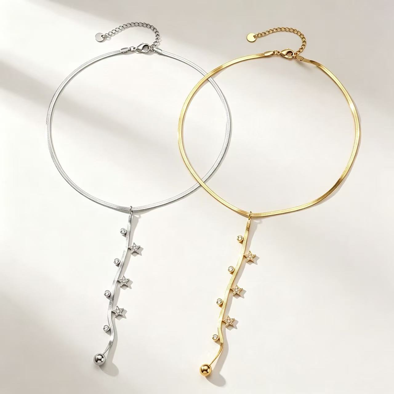 Star Zircon Snake Chain Y‑Drop Lariat Choker,304 Stainless‑Steel