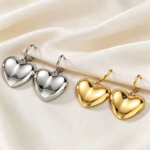 Polished Chunky Puffy Heart Huggie Hoop 304 Stainless Steel Wholesale Earrings EH‑6445