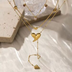Irregular Double‑Heart Y‑Shape Lariat Necklace,304 Stainless‑Steel