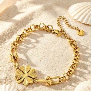 304 stainless steel gold textured four‑leaf clover paperclip bracelet women wholesale