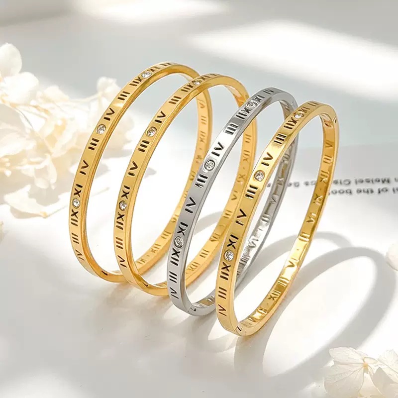 304 Stainless Steel Roman Numeral Zircon Bangle, Lucky Fortune Turning Gold Bracelet - Image 4