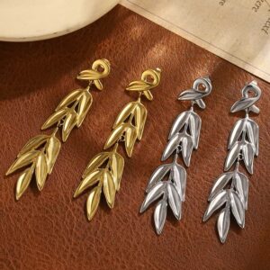 EH-5506 gold knotted bamboo leaf long dangle earrings, 304 stainless steel vintage statement earrings wholesale
