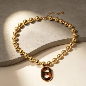 Tortoiseshell Oval Pig Nose Ball Chain Necklace,304 Stainless‑Steel