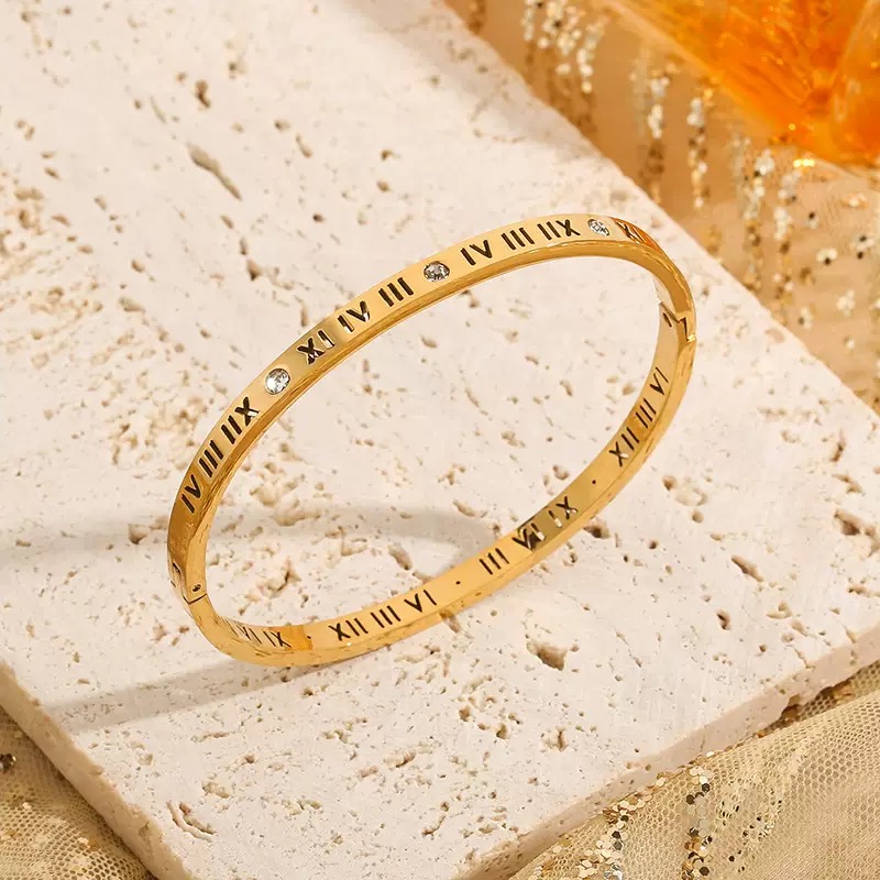 304 Stainless Steel Roman Numeral Zircon Bangle, Lucky Fortune Turning Gold Bracelet - Image 2