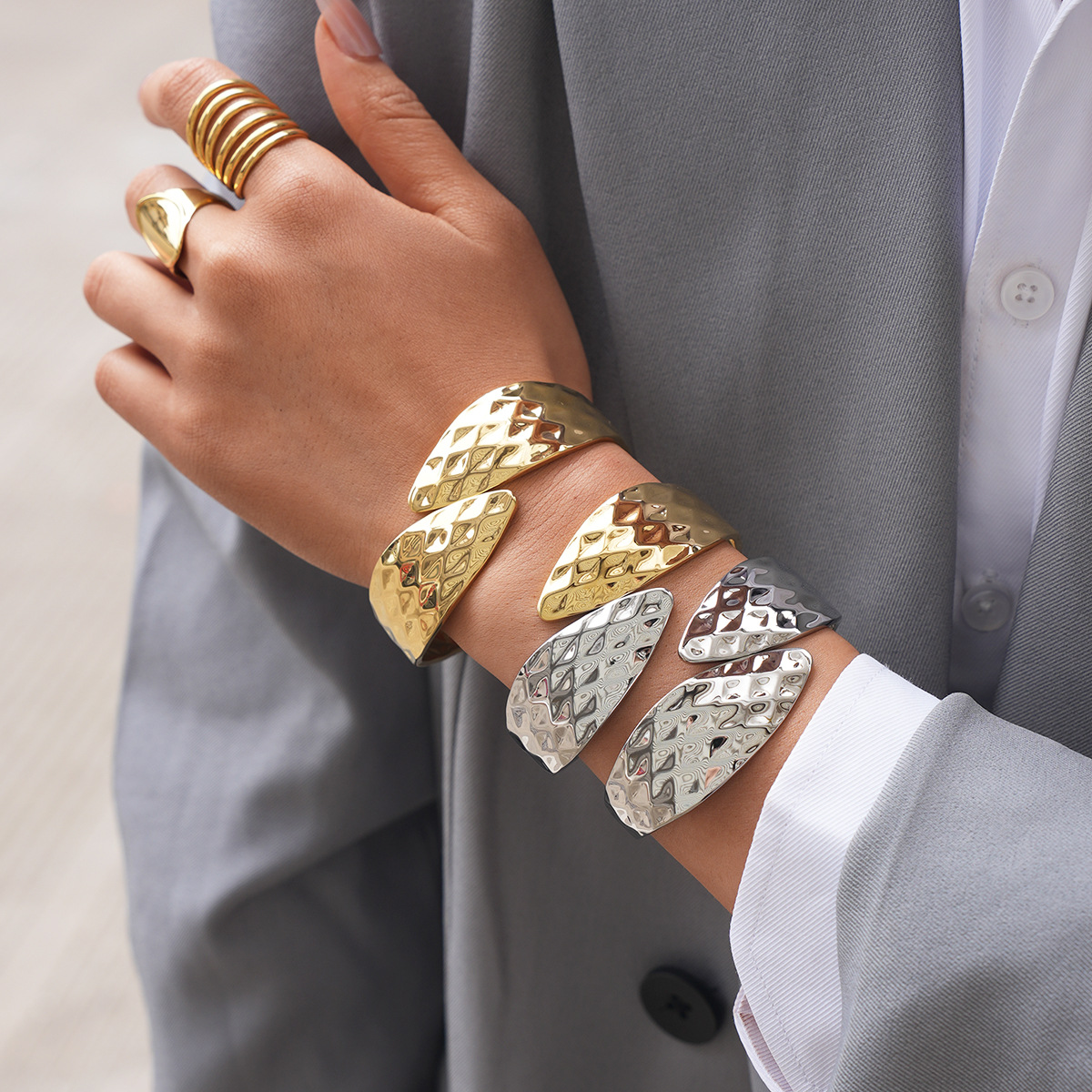 304 Stainless Steel Hammered Spring Cuff Bangle Wide Statement Bracelet For Women - Image 2