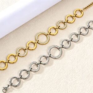 304 stainless steel hollow circle zircon link bracelet gold silver women wholesale