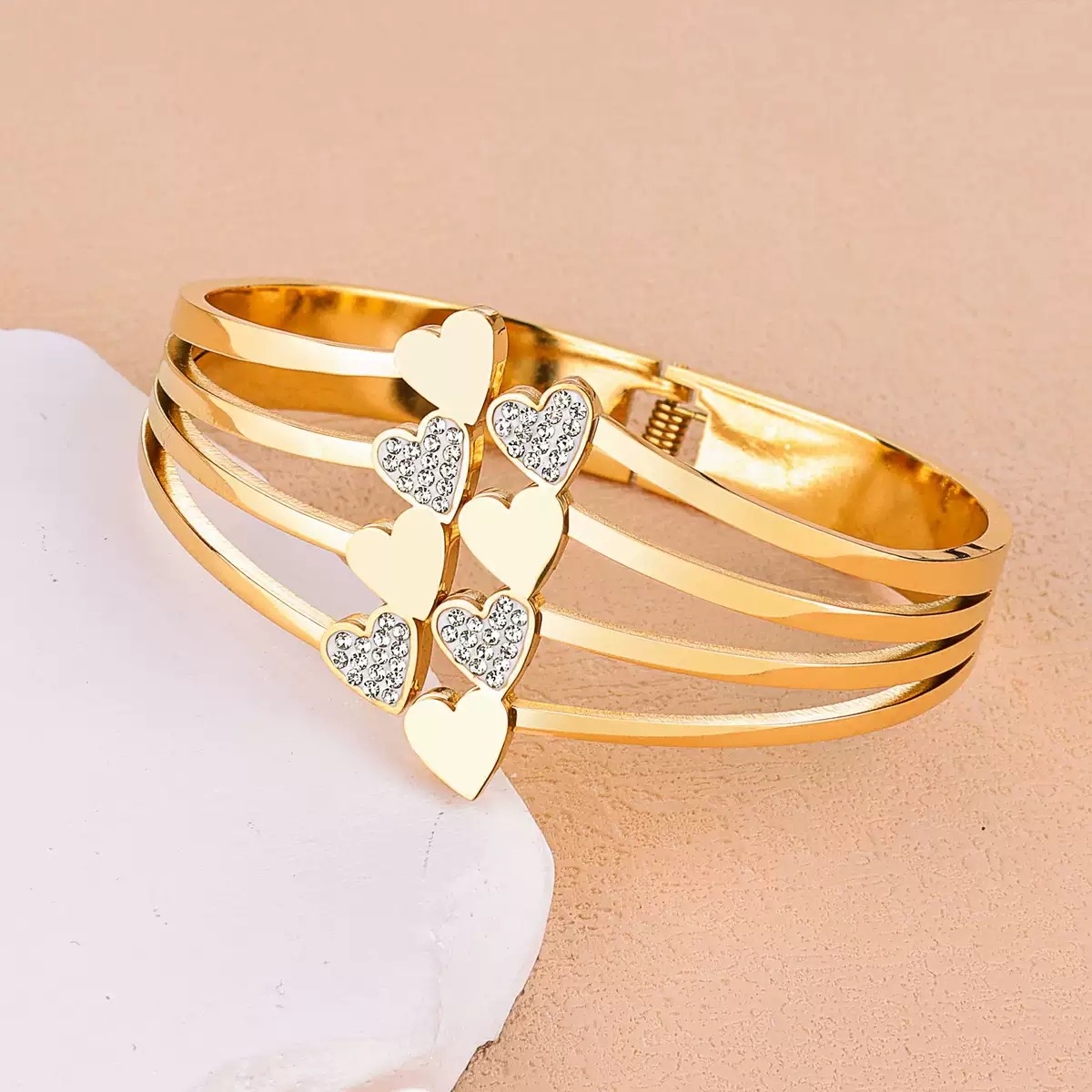 304 Stainless Steel Heart Zircon Bangle Bracelet