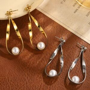 EH-5510 gold twisted teardrop hoop earrings with pearl, 304 stainless steel elegant pearl earrings wholesale