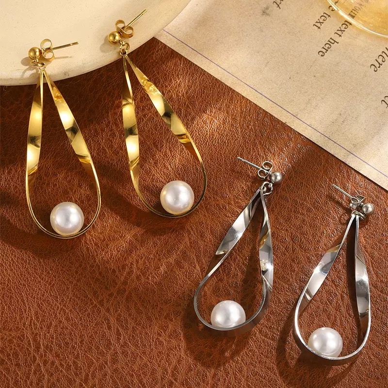EH-5510 gold twisted teardrop hoop earrings with pearl, 304 stainless steel elegant pearl earrings wholesale