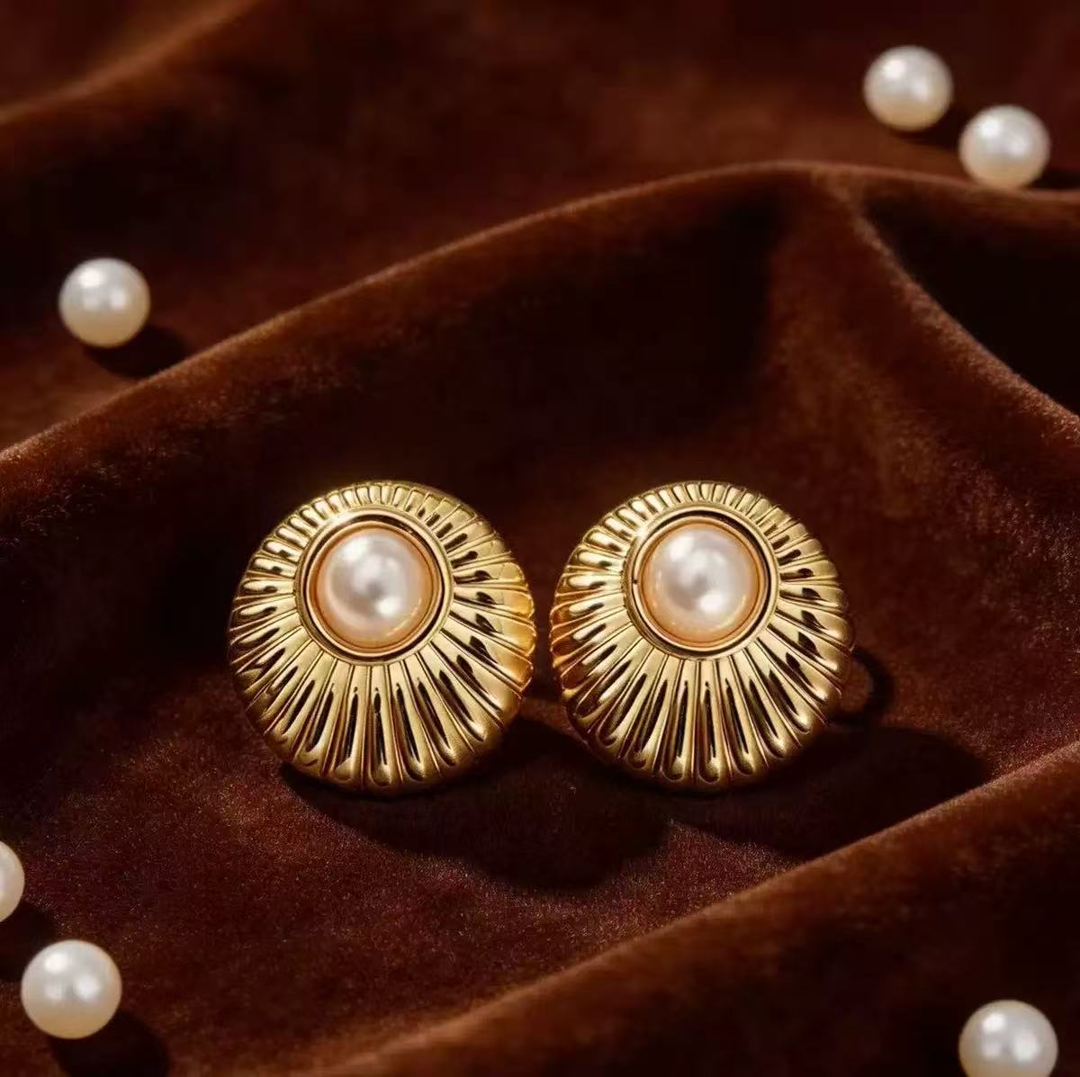 Vintage Sun‑Ray Pearl Huggie Hoop Earrings,304 Stainless Steel Women Wholesale Jewelry - Image 4