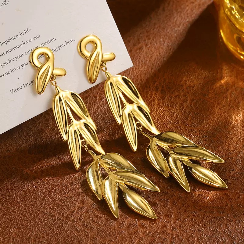 304 Stainless Steel Knotted Bamboo Leaf Long Dangle Earrings, Gold Color - Image 5