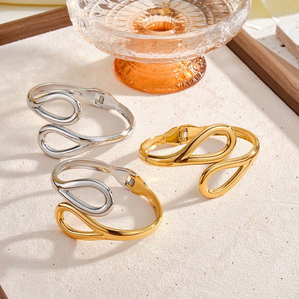 304 Stainless Steel Two‑Tone Intertwined Spring Open Bangle, Gold & Silver - Image 4