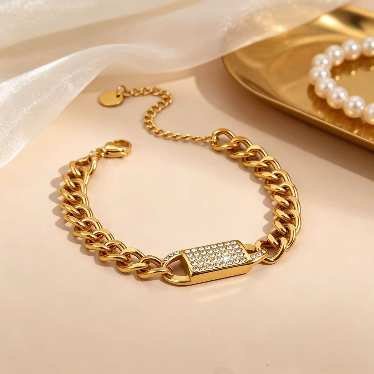 304 Stainless Steel PVD Gold Plated Cuban Chain Bracelet With Full Paved Zircon - Image 3