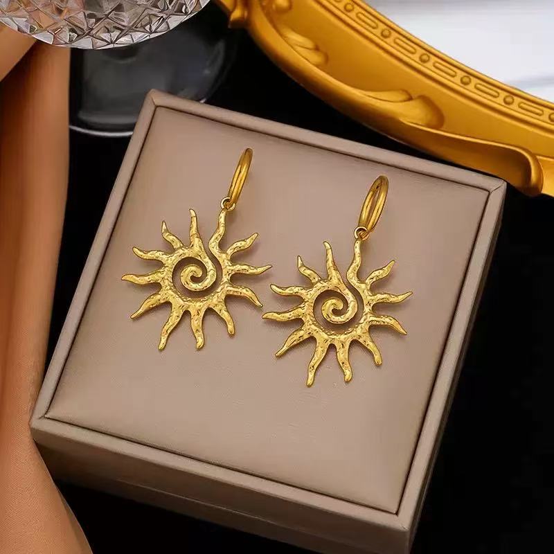 Hammered Spiral Sun Huggie Hoop Earrings,304 Stainless Steel Women Wholesale Jewelry - Image 3