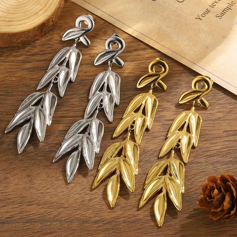 304 Stainless Steel Knotted Bamboo Leaf Long Dangle Earrings, Gold Color - Image 2