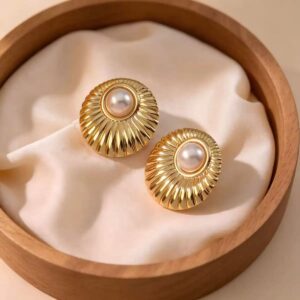 Vintage Sun‑Ray Pearl Huggie Hoop 304 Stainless Steel Wholesale Earrings EH‑6035