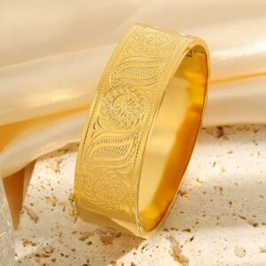 Retail single piece, ready stock. Engraved sunflower wide 304 stainless steel bangle, PVD gold plating, waterproof, no fade.