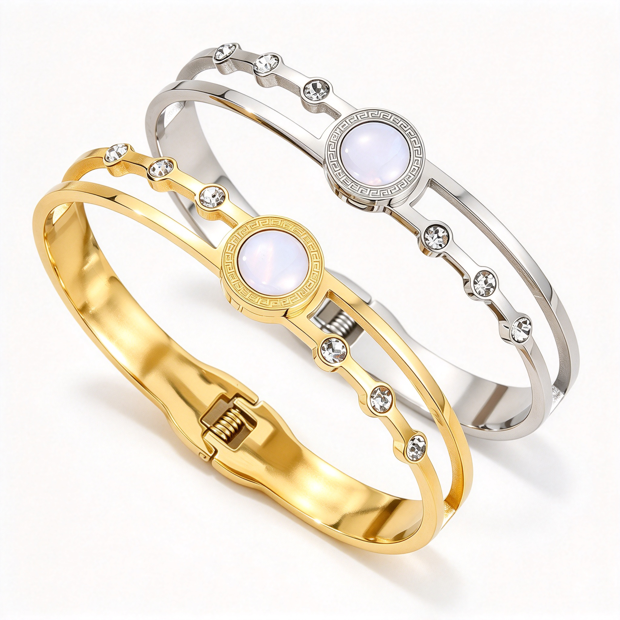 04 stainless steel Greek pattern shell hollow crystal spring cuff bangle gold wholesale bracelet