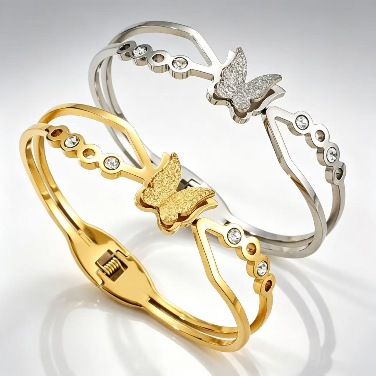 Alt Text:SZ-9055 Gold Butterfly Zircon 304 Stainless Steel Bangle Bracelet