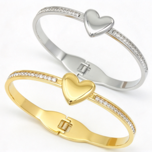 304 stainless steel heart zircon spring cuff bangle gold and steel silver wholesale bracelet